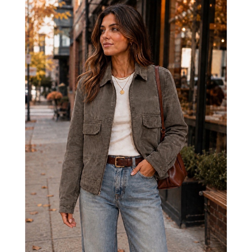 Mango Suede Leather Utility Jacket Distressed Grey Minimalist Chic Moto Sz L